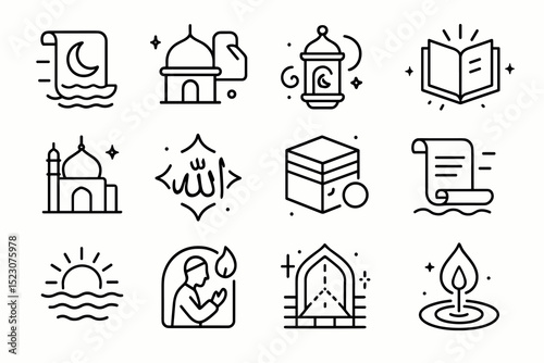 Islamic icon set: mosque, lantern, quran, prayer, crescent moon, kabah, muslim worship symbols