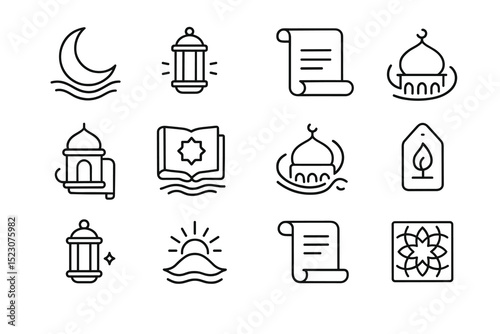 Set of islamic icons: crescent, lanterns, mosque, prayer scrolls, koran