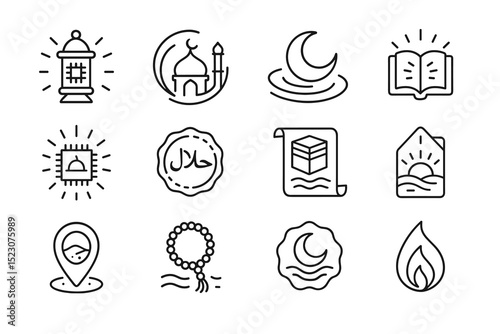 Collection of islamic icons featuring mosque, quran, and crescent moon symbols