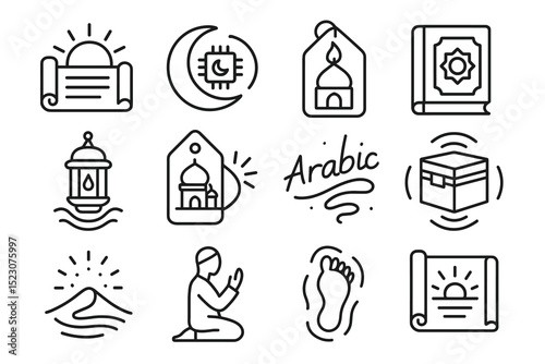 Islamic symbols: mosque, quran, prayer, ramadan lantern, arabic calligraphy icons
