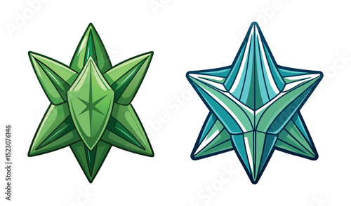 Photo of two vibrant gemstone stars, one emerald green and one teal, isolated on white background