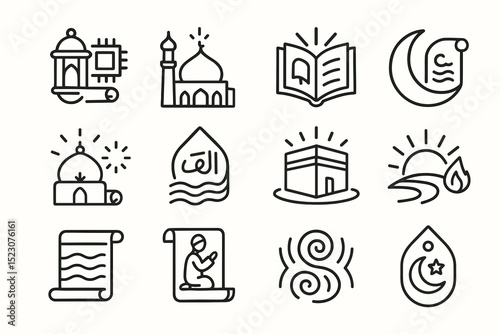 Islamic symbols collection: lantern, mosque, quran, crescent, kaaba, prayer