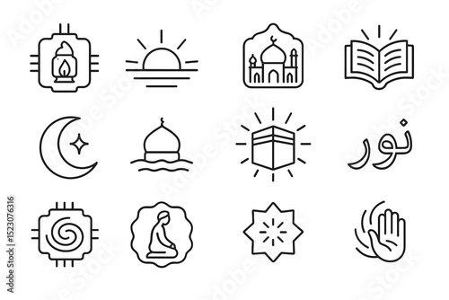 Set of islamic icons - mosque, crescent moon, quran, lantern, prayer, kaaba