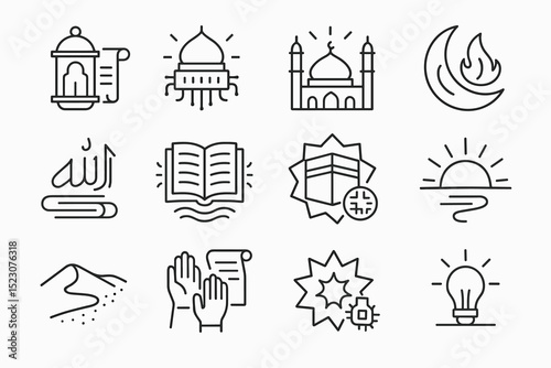 Islamic icon set featuring mosque lantern quran crescent prayer hands