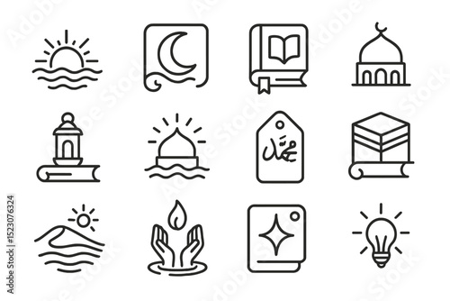 Islamic symbol set featuring quran, mosque, crescent moon, and lamp on dark background