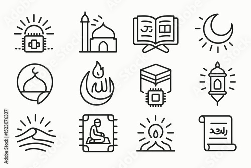 Islamic icons collection: mosque, quran, crescent moon, lantern, prayer