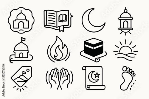 Islamic symbols collection: mosque, quran, crescent, lantern, prayer, fire, sun