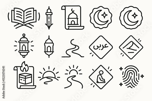 Islamic symbols and icons set featuring mosque lantern koran and arabic script