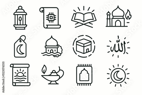 Set of islamic line icons featuring mosque, quran, crescent moon, and lantern