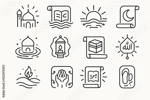 Islamic symbols collection with mosque, prayer, and quranic icons in line art style