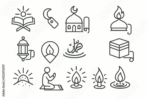 Islamic symbols: mosque, crescent moon, prayer, quran, lantern, kaaba, hajj