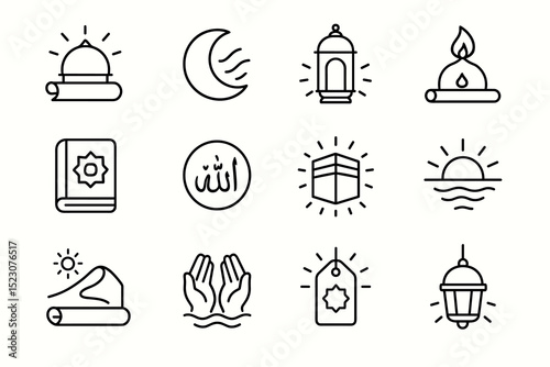 Islamic icon set featuring mosque, crescent moon, lantern, quran, and prayer symbols