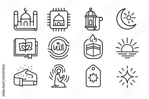 Islamic symbols line art: mosque, lantern, crescent moon, quran, worship, prayer