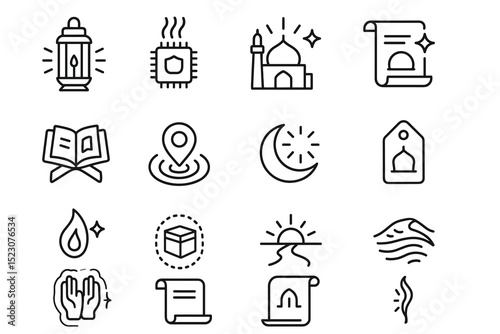 Islamic icon set with mosque, lantern, quran, and ramadan symbols