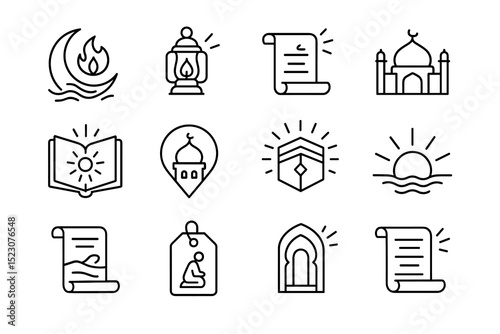 Islamic symbols collection: crescent, lantern, scroll, mosque, quran, sunrise, prayer, arch