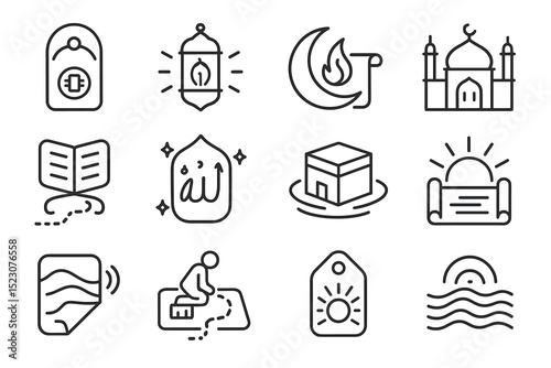 Islamic icon set: lantern, mosque, quran, prayer mat, kaaba, moon, scroll, sun