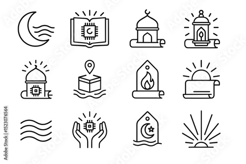Mosque and islamic symbols line art icons set
