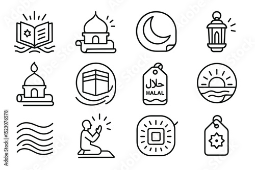 Islamic symbols and icons: mosque, crescent, lantern, prayer, halal, and kaaba