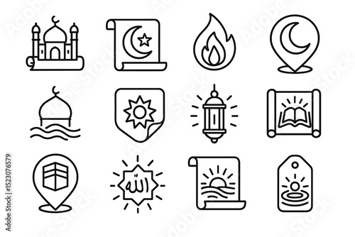 Islamic symbols collection featuring mosque, lantern, crescent moon, and quran