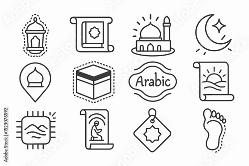 Islamic icons set: mosque, lantern, kaaba, crescent moon, prayer, arabic symbols