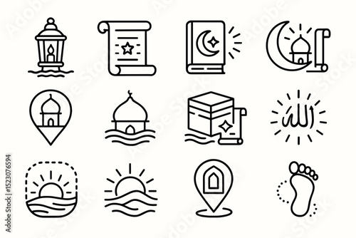 Collection of islamic-themed icons with mosques, quran, and lantern symbols
