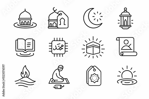Islamic symbols collection: mosque, crescent, quran, lantern, kaaba, prayer