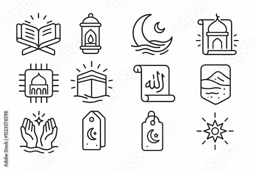 Islamic symbols and icons collection featuring quran, lantern, mosque, crescent moon, and praying hands