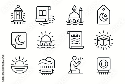 Islamic symbols: mosque lantern, quran, crescent moon, prayer icon set
