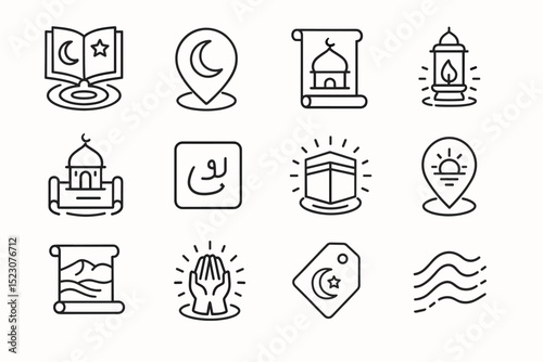 Minimalist islamic icon set with mosques, crescent moons, and prayer symbols