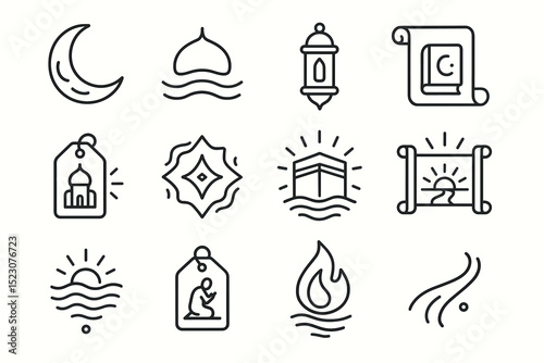 Islamic icon set featuring crescent, mosque, lantern, quran, and kaaba symbols
