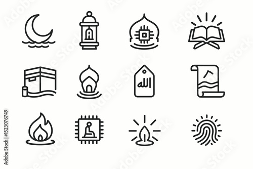 Islamic symbols collection: moon, mosque, quran, kaaba, lantern, calligraphy, fire, meditation