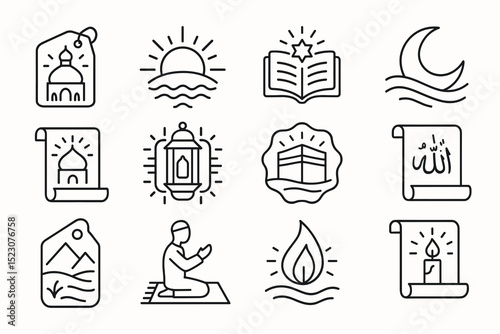 Islamic icons: mosque, sunrise, quran, crescent moon, prayer, lantern, mecca, arabic calligraphy
