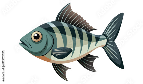 Photo of a striped fish with dark fins, isolated on white background