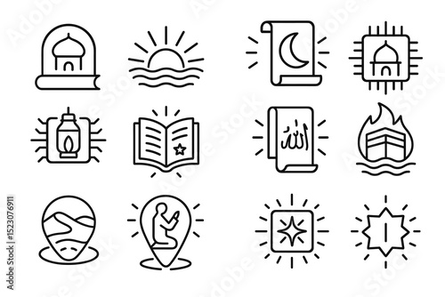 Islamic symbols and icons: mosque, quran, crescent moon, and pilgrimage path