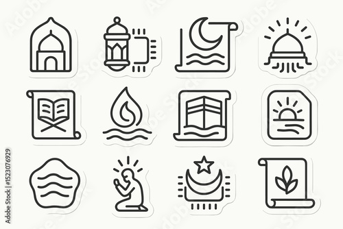 Islamic icon set featuring mosque, lantern, quran, crescent moon, water, kabah, prayer, star, dawn, scroll
