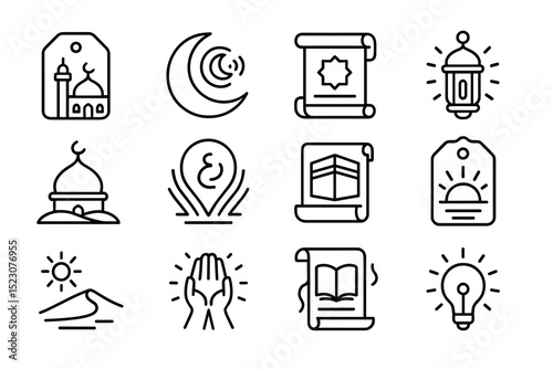Islamic symbols collection: mosque, crescent, lantern, prayer, quran icons