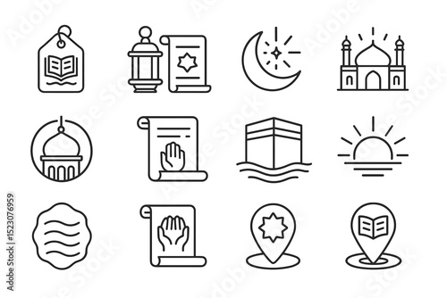 Islamic line icons: mosque, lantern, crescent moon, scroll, star, mecca, quran