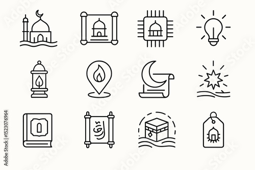 Islamic line icons: mosque, quran, kaaba, ramadan, eid, hajj, prayer, lantern, crescent moon, book