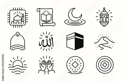 Islamic symbols collection including mosque crescent quran lantern kaaba prayer icon set