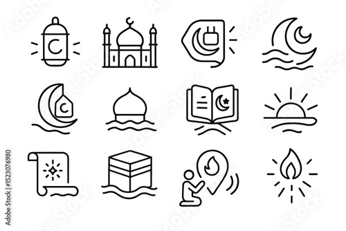 Islamic line icons - mosque, crescent, kaaba, lantern, prayer