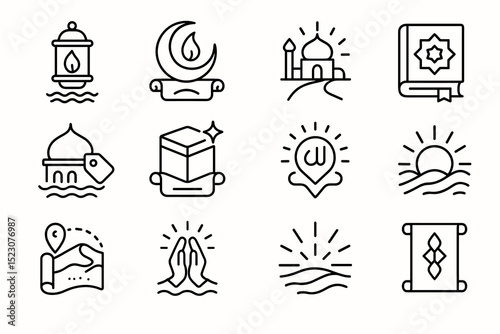 Islamic symbols including lantern, mosque, quran, crescent, praying hands, and kaaba