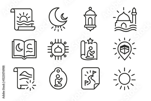 Islamic symbols and icons set: mosque, quran, ramadan, moon, lanterns