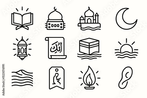 Islamic symbols: mosque, quran, lantern, crescent moon, and kaaba line icons