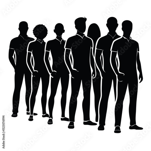 Silhouettes of diverse human figures in various fashion styles, from outline sketches to 3D models
