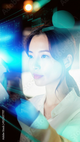 近未来のタッチパネルを操作する女性