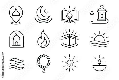 Islamic symbols: mosque, crescent moon, quran, lantern, kaaba, prayer beads, star