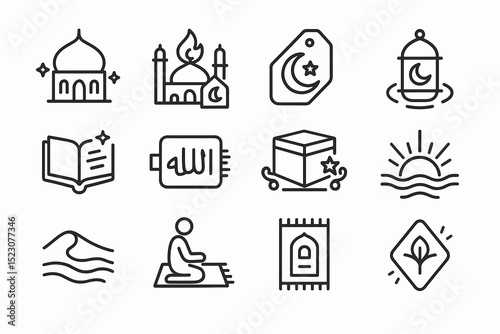 Islamic icons set featuring mosque, quran, prayer mat, and crescent moon