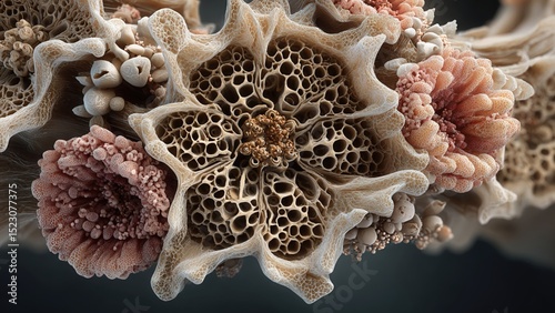 Macro shot of organic structure with details resembling coral or microscopic forms. Complex topography and natural textures.


