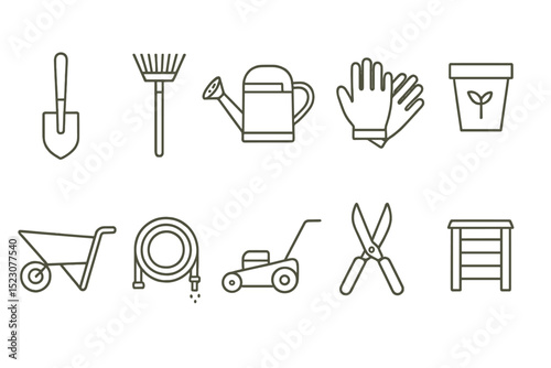 Essential gardening tools: trowel, rake, watering can, gloves, and more on green background