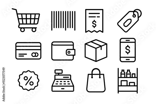 Shopping and payment icons: cart, barcode, receipt, tag, card, wallet, box, mobile